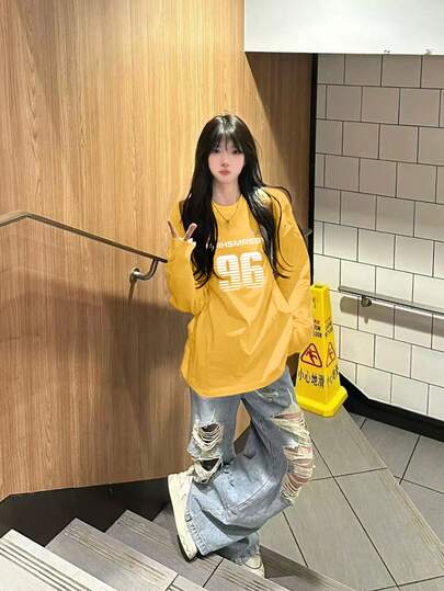 女士超大字母印花长袖T恤，休闲街头风，黄色，秋季款