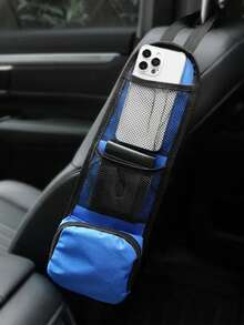1个多功能黑色汽车座椅收纳袋 - 多口袋悬挂式储物袋，轻松整理车内物品，网状设计方便取用必需品，非常适合放置手机、饮料和旅行配件，是假日公路旅行、感恩节聚会、圣诞节旅行和新年冒险的完美之选。