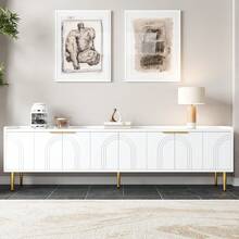 TV Unit, Lowboard With Structured Door, TV Cabinet, With Gold Handles And Gold Legs, 170 L X 35 W X 47.5 H (Cm) - White + MDF - View 6