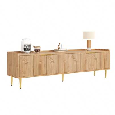 TV Unit, Lowboard With Structured Door, TV Cabinet, With Gold Handles And Gold Legs, 170 L X 35 W X 47.5 H (Cm)