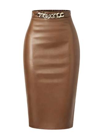 Falda de cuero sintético con decoración de cadena dorada para mujer, ajustada, estilo de oficina maduro, para uso diario, que favorece la cintura y las caderas, adecuada para Halloween, otoño/invierno, versátil, Día del Maestro