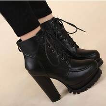 Chunky Heel Short Boots Women, 2024 Autumn/Winter  Boots, Waterproof Platform High Heel Shoes, Versatile Lace-Up Women's Boots - Black - View 3