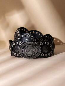 1pc Cowgirl Style Bohemian Western Belt For Women, Chunky Cowboy Belt, Fashion Accessory, Suitable For Dresses, Jeans, Parties, Festivals, Holidays, Black & Vintage Copper Floral Buckle, Oval Waist Band - 黑4 - 查看 2