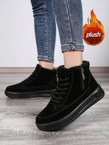 Botas de neve femininas com zíper, modelo mais recente de tênis de cano alto para outono/inverno 2025, com forro térmico e forro grosso de pele, fechamento lateral com zíper e cano médio estiloso, bico redondo e plano, couro antiderrapante e impermeável, tênis de cano alto para atividades ao ar livre, resistentes ao frio e anticongelantes, ideais para casais, férias, encontros, festas e muito mais. - Preto - Ver 3