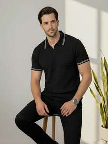 Men's Basic Casual Polo Shirt With Striped Collar And Sleeves, Comfortable Premium Piqué Knit - 黑色 - 查看 4
