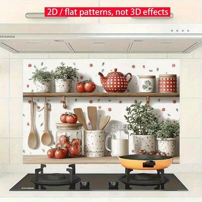 1pc Large Kitchen Wallpaper Style Decal - Self-Adhesive Oil-Proof Sticker With Green Plants, Red Teapot, Tomato - Easy To Install For Kitchen, Cafe, Restaurant - Modern Farmhouse Decor - Durable Polyester Film, Cafe Decor, Modern Design, High-Quality Printing, Wall Covering, Home Decor, 2D Flat, Kitchen Oil-Proof Sticker