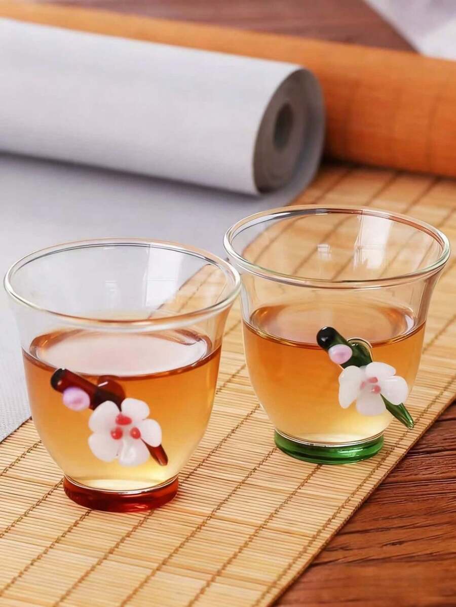 1pc Handmade Wintersweet Glass Tea Cup, Chinese Style Teacup For Tea Tasting, Heat-Resistant High-End Red Tea Cup, Gift For Friends, Afternoon Tea Glass Cup, Suitable For Home, Restaurant