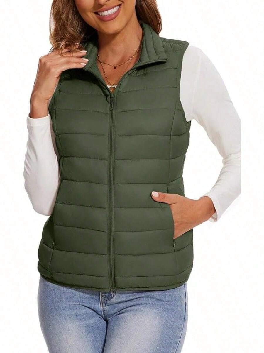 2026 Women's Essential Warm Vest  Lightweight Quilted Puffer Vest Sleeveless Stand Collar Zip-Up Padded Outerwear Gilet ,Classic Versatile For Seasonal Outdoor Use - 軍綠色 - 查看 1