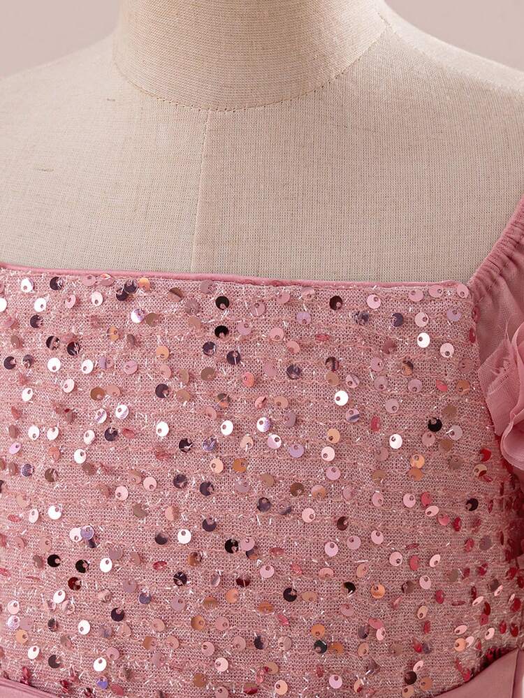 Tween-Mädchen 3D-Paillettenkleid mit Blumenmuster aus Mesh für Geburtstagsfeiern, geeignet für Abschlussball, Feierlichkeiten und Familienfeste (ohne Haarband). - Altrosa - Übersicht 6