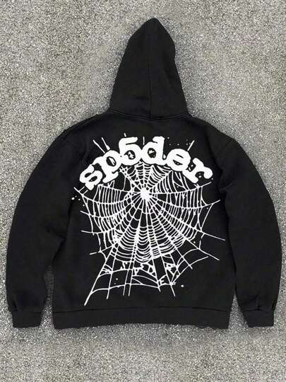 250g Polyester Fiber Men's Hooded Sweatshirt With Long Sleeved ,Halloween Sp5der Spider Web Pattern Print, Fashionable And Loose Casual Fleece Sweatshirt Suitable For Autumn And Winter Wear On The Street
