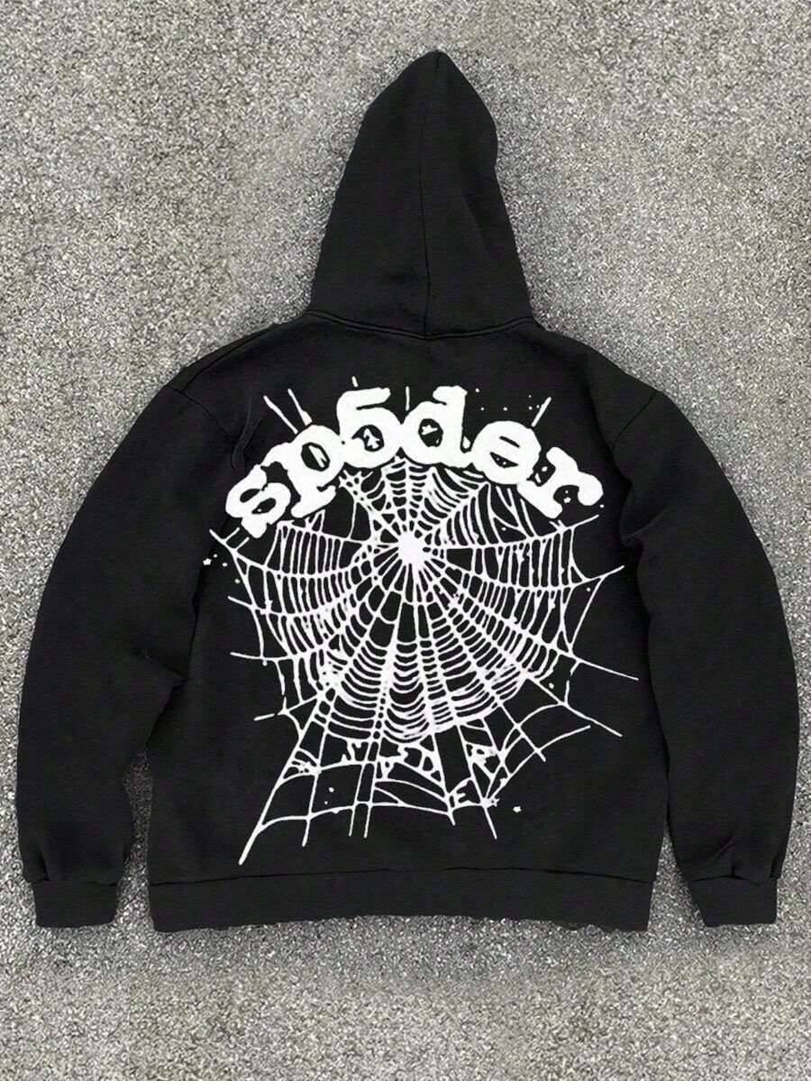 250g Sudadera con Capucha de Fibra de Poliéster para Hombre con Mangas Largas, Estampado de Telaraña de Halloween Sp5der, Sudadera de Fleece Casual y Holgada Adecuada para Usar en la Calle en Otoño e Invierno - Negro - Ver 1