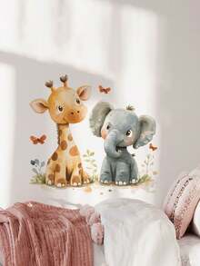 1片/2片装多尺寸PVC自粘可移除墙贴，图案包括：可爱长颈鹿、大象、蝴蝶、草原、热气球、小鸟、云朵、蝴蝶仙子、月亮、彩虹、狐狸、鹿、蘑菇、独角兽公主、爱心、睡熊、星星、花朵装饰，适用于卧室、客厅、书房、餐厅、浴室、家居墙面装饰、房间装饰 - 彩色 - 查看 1