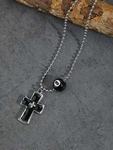 Vintage Gothic Melting Cross Billiard Bead Bracelet, Black 8 Numeric Beaded Necklace For Men, Stainless Steel Chain, Hiphop Street Style, Simple & Versatile Cross Pendant Necklace