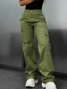 Women's New High-Waisted Multi-Pocket Straight-Leg Cargo Pants, American Retro Cool Slimming Sporty Casual Pants