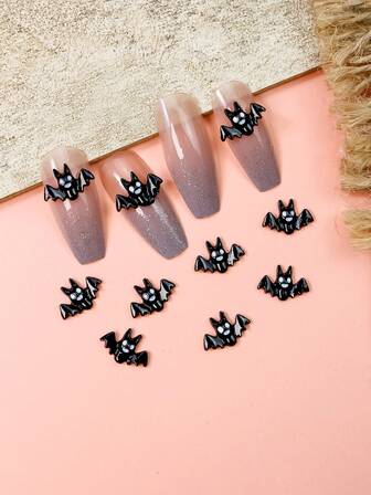 ハロウィン ブラックバット ネイルアート デコレーション 10個セット、DIYネイルアートジュエリー用ダークアロイデコレーション ネイルアート用品