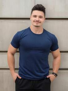 Men's Basic Plain T-Shirt, Premium 30.1 Cotton - 藏蓝色 - 查看 3