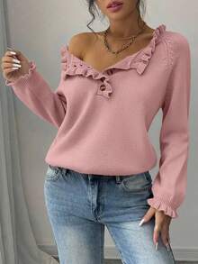 Women Button Down Sweater Fall Long Sleeve Ruffled Round Neck Casual Autumn Winter Knitted Pullover Tops - 粉色 - 查看 4
