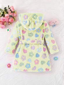 女童秋冬彩色五角星浴衣长袖连帽可爱法兰绒睡袍，面料柔软舒适，保暖透气，适合沐浴后居家穿着。 - 黃色 - 查看 2