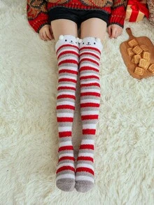 1双毛绒过膝长袜 圣诞袜 女士过膝袜 卡通刺绣长袜 - 彩色 - 查看 5