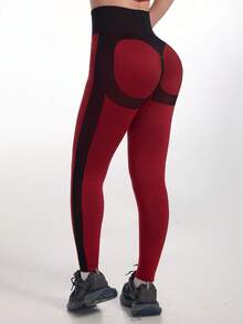 Red & Black Patchwork High Waist Shaping Leggings - High Elasticity Tummy Control Yoga Pants - Burgundy - View 5