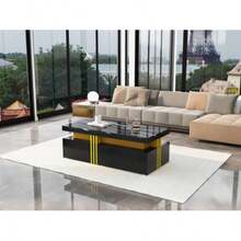 (Materials And Images Modified) Modern Rectangular Coffee Table With Glossy Lacquered Top, 2 Wooden Drawers, Marble-Effect Top, For Living Room, 100 X 50 X 40 Cm - Black - View 7