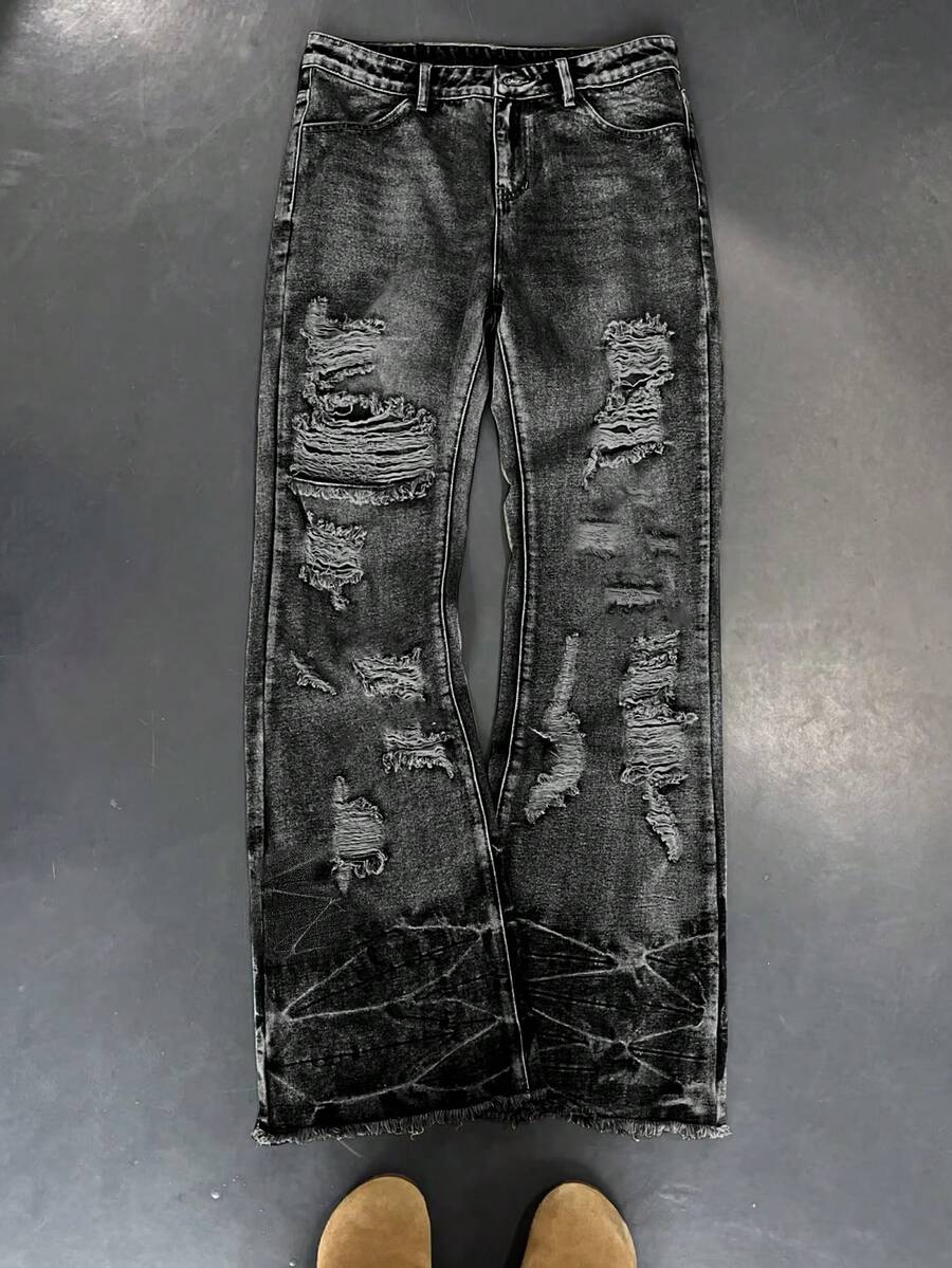 男士做旧复古水洗黑色阔腿牛仔裤，喇叭裤型宽松版型，超大喇叭裤，Y2K街头风，建议根据您的尺寸选择小一码。 - 灰色 - 查看 1