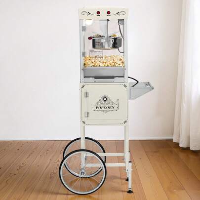 Popcorn Machine With Cart, 8oz Stainless Steel Kettle, 800W Commercial Popcorn Maker, 48 Cups Per Batch Theater Style Popper, With 2-Button Control Glass Wall PC Door 1 Scoop 3 Spoons, White