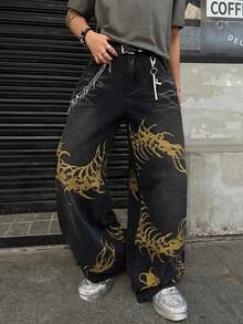 1件 Hearty Haven 男士休闲美式印花做旧阔腿牛仔裤，时尚宽松版型长裤（不含腰带和配饰） - 黑色 - 查看 2