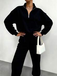 Women's Fleece-Lined Two-Piece Tracksuit - Loose Fit Autumn Casual Wear, Comfortable Sporty And Relaxed Style, Suitable For Loungewear (Multiple Colors) - màu đen - Xem 3