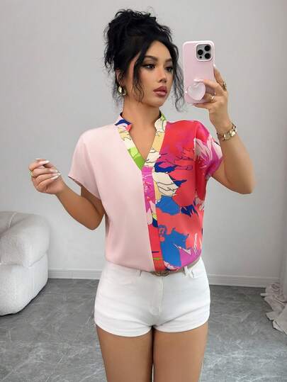 Blusas elegantes y con estilo para uso diario con estampados florales, diseño de cuello en V y bloques de color - de manga corta para almuerzos y fiestas de té, adecuadas para primavera, verano y vuelta al colegio