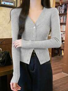 Women's Slim-Fit Gray Ribbed Knit Cardigan | V-Neck Button-Front Layering Top For Christmas Parties, Date Nights & Office Commutes - Light Gray - View 4