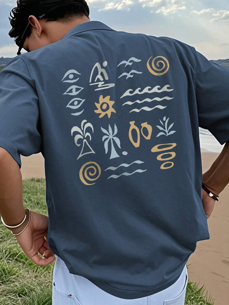 Kaos Kasual Pria Lengan Pendek Leher Bulat Motif Bunga Sederhana