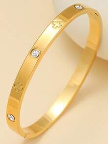 Fashionable Luxury European & American Four-Leaf Clover Zirconia Stainless Steel Women's Bracelet Set, Suitable For Multiple Occasions And As A Gift For Friends - Yellow Gold - View 4