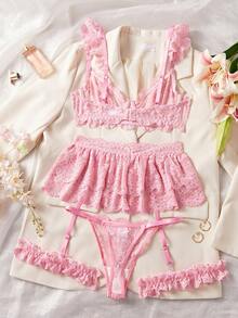 1PC Women's Sexy Lingerie Set [Sweet Whisper Lace Romantic Anti-Exposure Set] Ruffles, Anti-Exposure Safety Shorts, Sweet And Sexy, French Romantic, Dating Outfit, High Waist, Tummy Control, Support And Gathering, Adjustable Shoulder Straps, Bow, Hollow Out. - 粉色 - 查看 3