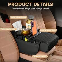 Car Center Armrest Pad With Cup Holder- Armrest Case With 2 Side Pockets And 2 Cup Holders 1 Mobile Phone Holder 1 Paper Towel Holder, Multi-Function Storage For Cell Phones, Water Bottles, Cards - Suitable For Most Car Models - Black - View 5