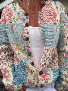 Fashionable New Round Neck Long Sleeve Cardigan Women Top, Floral Digital Print Casual Lightweight Knit Sweater Jacket - Multicolor - View 1