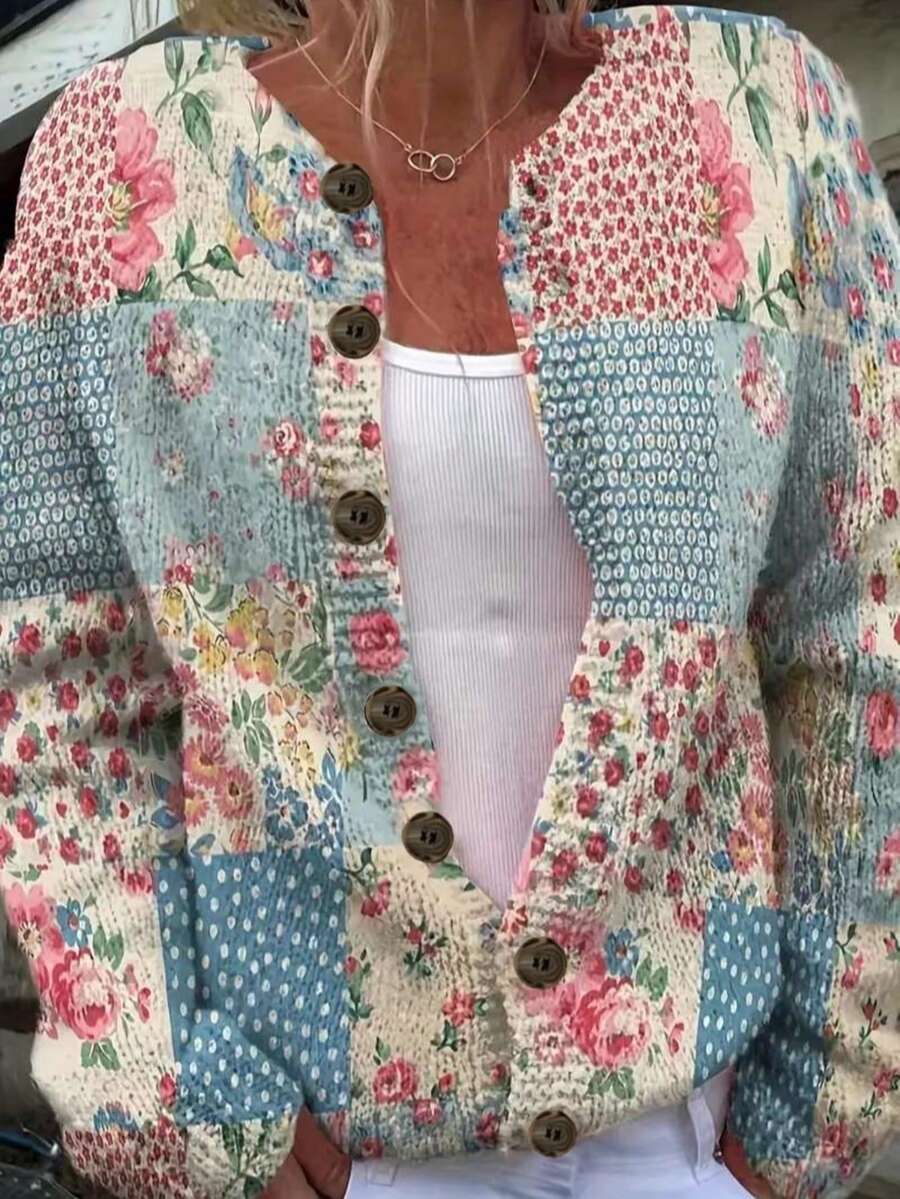 Fashionable New Round Neck Long Sleeve Cardigan Women Top, Floral Digital Print Casual Lightweight Knit Sweater Jacket - Multicolor - View 1