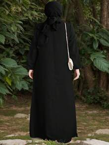 Plus Size Women's Black Long Sleeve Round Neck Woven Fabric Long Robe, With Pockets, Non-Stretch Regular Fit Spring - Black - View 3