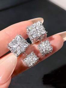 2pcs Silver Plated Square Zirconia Earrings Fashion Women Luxury Elegant Earrings Daily Vacation Hip Hop Music Festival Jewelry Gift For Girlfriend Wife Couple - Earrings - View 4