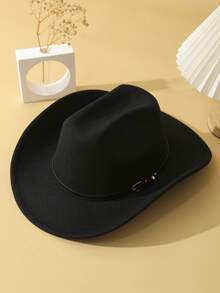 1pc Unisex Belt Decor Handmade Wide Brim Panama Hat Cowgirl Hat Ridge Cowboy Hat Western Suitable Soft Felt Hat Fedora Hat - 黑色 - 查看 6