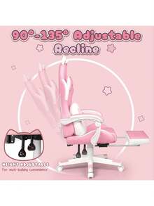 Pink Gaming Chair For Girls With Cat Paw Lumbar Cushion & Cat Ears, Ergonomic Reclining Computer Chair With Footrest & Headrest For Kids & Adults - 白色 - 查看 8