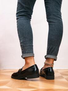 女士乐福鞋，圆头金属扣平底乐福鞋，户外复古女士平底鞋，黑色鞋，女士休闲鞋，布洛克女鞋 - 黑色 - 查看 5