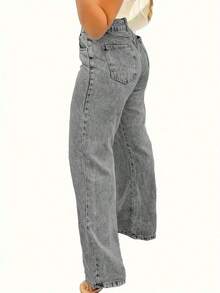 [ Hip Lifting ] Women's Fashionable Y2K Casual Loose Straight Leg Jeans, Straight Leg Pants, Mid Waist Loose Winter Pants, Suitable For All Seasons, Retro Street Style, Casual Edge Straight Leg Jeans For Women's Wear - 灰色 - 查看 5