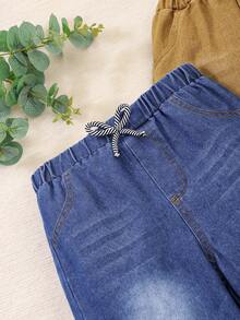 3pcs/Set Kids Light & Medium Blue Washed Denim Jeans, Boys Casual Elastic Waist Pants For Spring & Autumn - Dark Wash - View 3