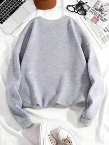 Trenfashion Women's Heather Grey Oversized Crewneck Sweatshirt With 'Bookworm' Retro Color Block Arc Print, Bookish Aesthetic Casual Pullover For Women Crewneck Sweatshirt Bookworm Colorful Text Print Casual Wear For Reading Lovers And Book Enthusiasts Unisex Plus Size Sweatshirts - 灰色 - 查看 3