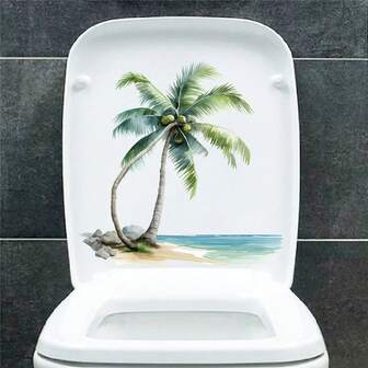 Creative Palm Tree Beach Toilet Sticker, Self-Adhesive Bathroom Vacation Decor Sticker, Funny Toilet Decoration Sticker, Bathroom Creative Decor Sticker