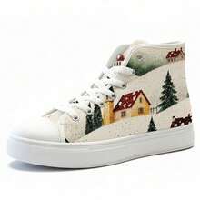 Snowy Winter Village Scene With Quaint Houses, Evergreen Trees, Rolling Hills & Christmas Ambiance - Multi-Story Architectural Styles, Red/Yellow/Green/Brown Roofs, Red Door, Yellow Church-Town Hall Building, Overcast Sky & Soft Snowfall Decor - Cozy Festive Christmas-Like Village Decoration Poster Art - 白色 - 查看 3