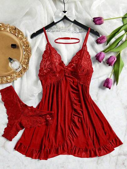 Trzyczęściowy komplet bielizny damskiej z głębokim dekoltem w serek, koronkowy komplet bielizny damskiej Lotus, do sypialni i łazienki, uniwersalny komplet bielizny na imprezę