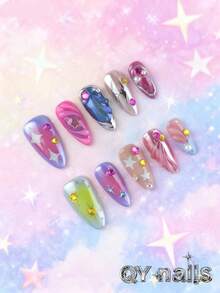10pcs/Set Almond Shaped Nail Stickers, Fashionable Nail Art, Winter Nail Design, Cool Style, Mint Green Nail Stickers, Removable, Suitable For Parties, Dancing, Daily Wear, Student Gatherings, Office Workers Role Play, Reusable Press-On, Comes With Jelly Gel And Nail File Nail Supplies Nails Handmade Press On Nails - Multicolor - View 2