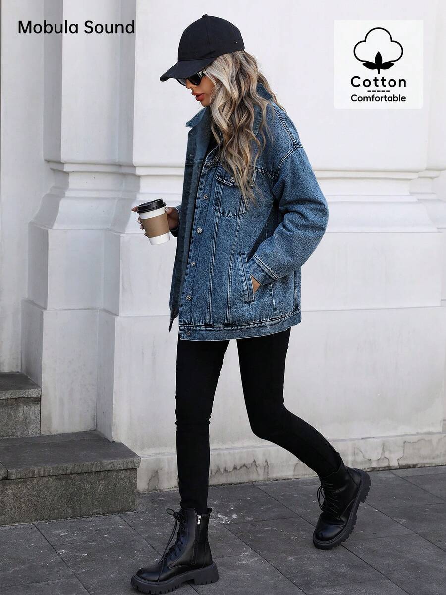 Mobula Sound# Casual Sports Fashion Women's Spring Autumn Winter Fleece Windproof Jacket, Blue Y2K College Student Style, Young Lady - Fried Flower Dark Blue - View 1